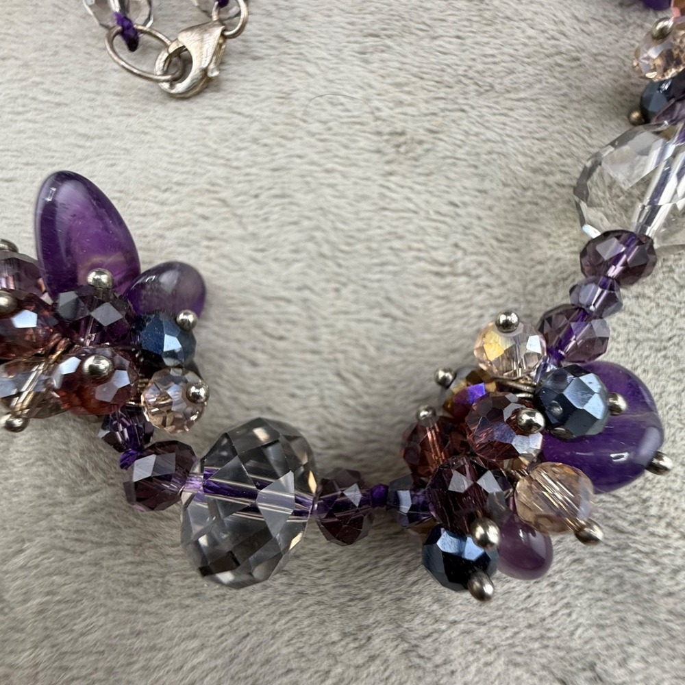 Vintage Beaded Stone Necklace Purple Long Cluster Faceted 36in